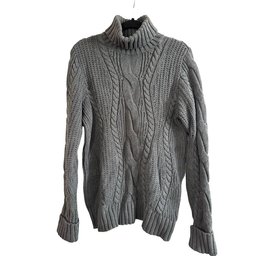 LANDS’ END Gray Cable Knit Fisherman’s Turtleneck Sweater - Sz Large (14-16)